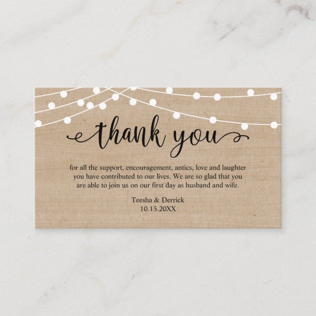 Tarjeta De Recepción Boda Gracias, Rustic String Lights Wood (Anverso)