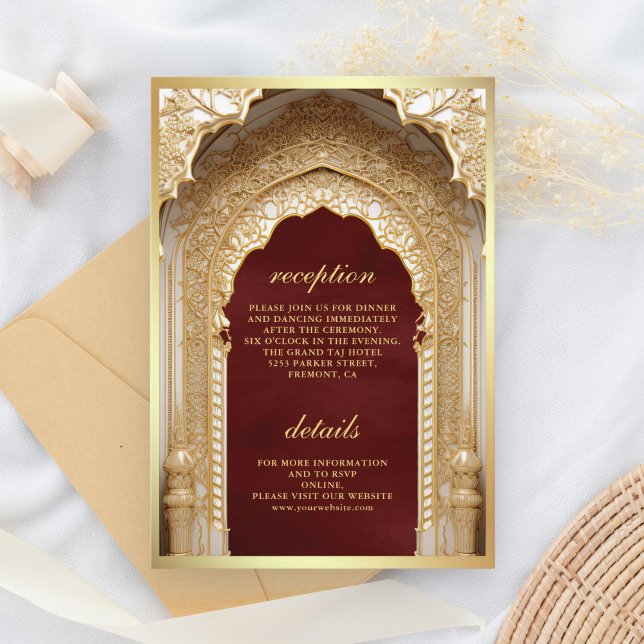 Tarjeta De Recepción Boda Granate Arco de Oro Real (Subido por el creador)