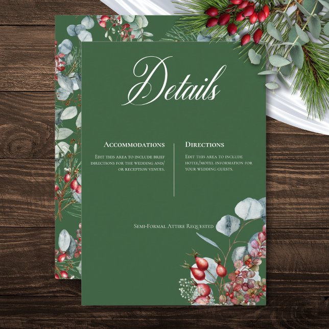 Tarjeta De Recepción Boda Green Winter Pine Berries Eucalyptus (Green Winter Pine Berries Eucalyptus Wedding Enclosure Card)