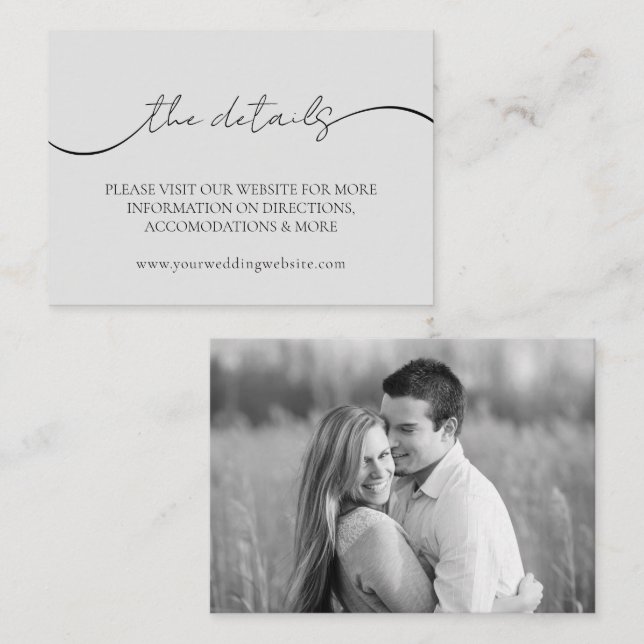 Tarjeta De Recepción Boda Gris Elegant Minimal Photo Details (Anverso / Reverso)