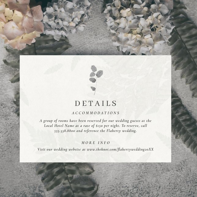 Tarjeta De Recepción Boda Gris Hoja Botánica (Elegant botanical leaf wedding details card. Features a light gray faux leaf pattern.)