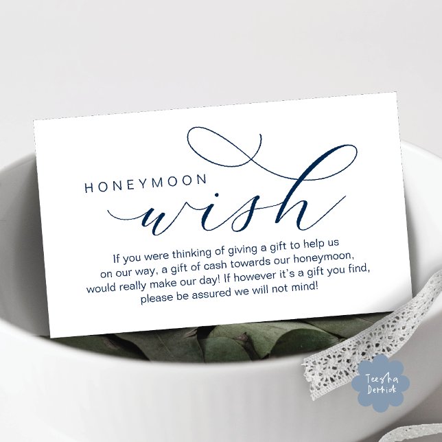 Tarjeta De Recepción Boda Honeymoon Wish, Fondo, mínimo moderno (Wedding Honeymoon Fund, Wish, Cash, Modern romantic minimalist Enclosure Card in Navy Blue)