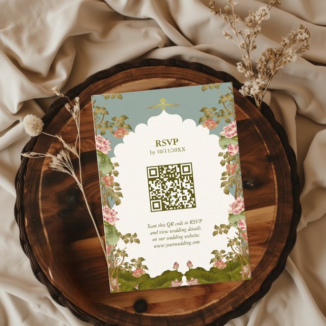 Tarjeta De Recepción Boda indio Floral Lotus Oriental código QR RSVP (RSVP Card with QR code Indian Wedding)