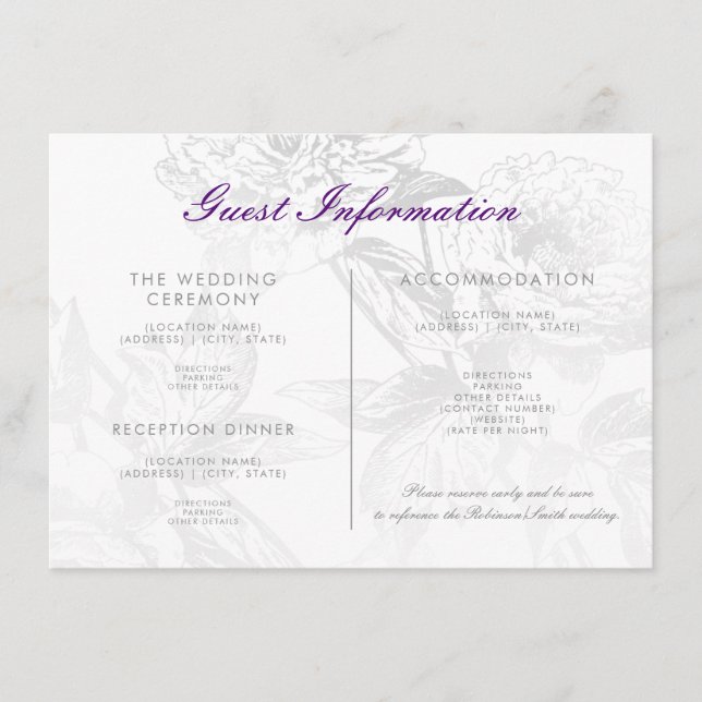 Tarjeta De Recepción Boda Información del invitado Plata Floral Púrpura (Anverso)