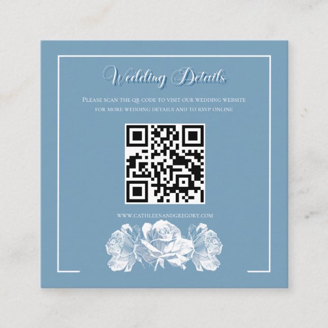 Tarjeta De Recepción Boda Información QR Caligrafía Azul Polvoriento (Anverso)