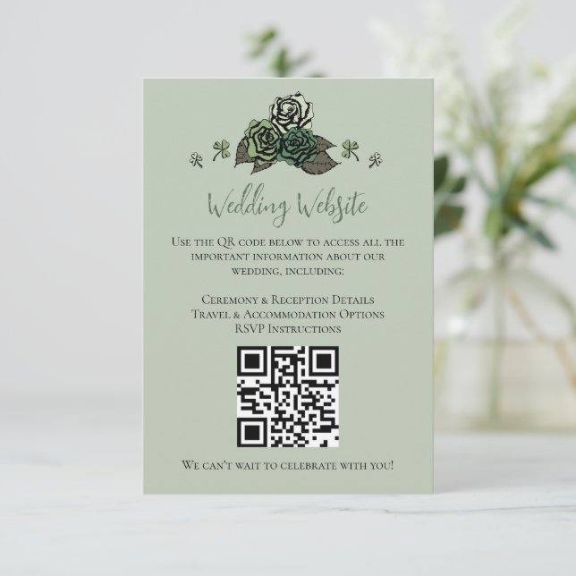 Tarjeta De Recepción Boda irlandés de cráneo de flores verdes código QR (Anverso de pie)
