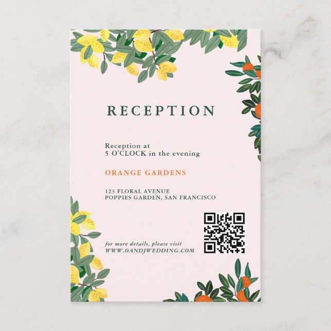 Tarjeta De Recepción Boda italiano griego limón rosa (Anverso)
