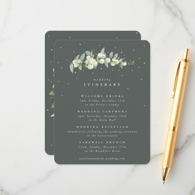 Tarjeta De Recepción Boda Itinerario de Snowberry Verde + Eucalyptus (Anverso/Reverso In Situ)