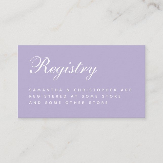 Tarjeta De Recepción Boda Lavender Registro Simple Script Purple (Anverso)