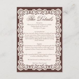 Tarjeta De Recepción Boda Marrón Espresso de Encaje Marfil Antiguo