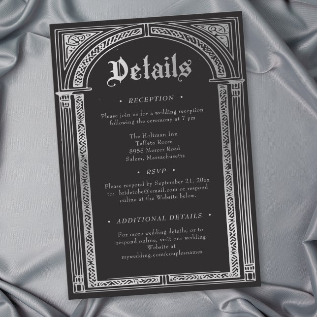 Tarjeta De Recepción Boda Medieval Gótico Negra Plata (Gothic Black Silver Medieval Wedding Enclosure Card)