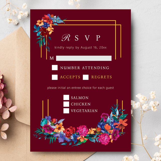 Tarjeta De Recepción Boda mexicano de Fiesta  Burgundy RSVP (Subido por el creador)