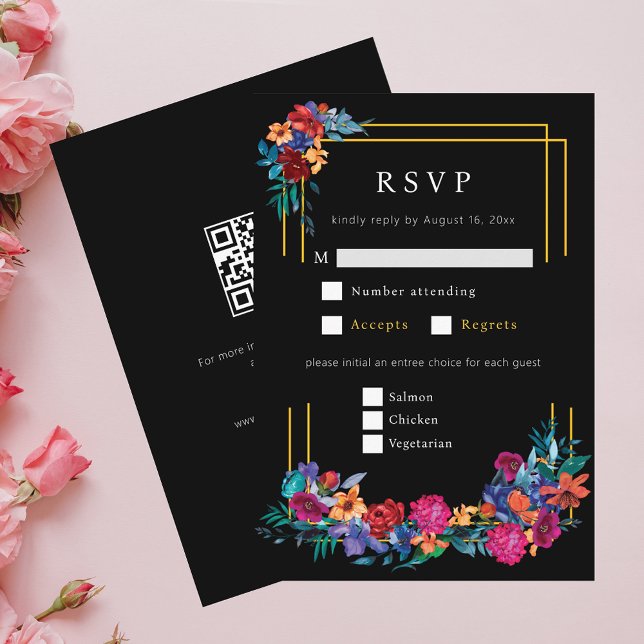 Tarjeta De Recepción Boda mexicano de flores de Fiesta Black RSVP (Subido por el creador)
