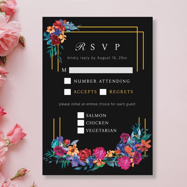 Tarjeta De Recepción Boda mexicano de flores de Fiesta Black RSVP (Subido por el creador)