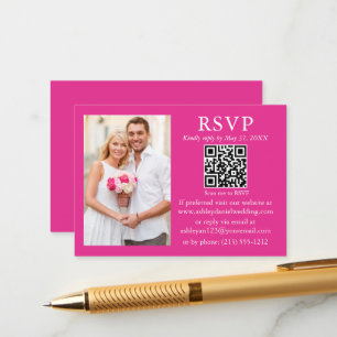 Tarjeta De Recepción Boda Minimalista moderno foto rosa caliente QR RSV