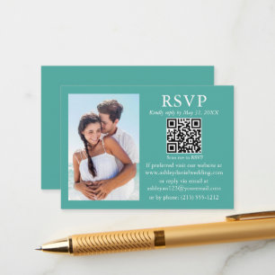 Tarjeta De Recepción Boda Minimalista moderno foto Verde azulada QR RSV