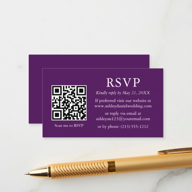 Tarjeta De Recepción Boda minimalista Purple QR RSVP (Anverso/Reverso In Situ)