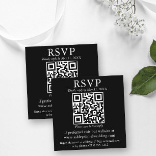 Tarjeta De Recepción Boda Minimalista Simple Cuadrado QR Negro RSVP