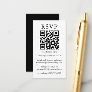Tarjeta De Recepción Boda Minimalista simple QR blanco negro RSVP