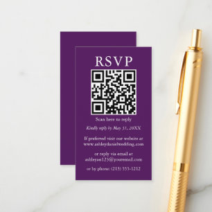 Tarjeta De Recepción Boda Minimalista simple QR RSVP Purple
