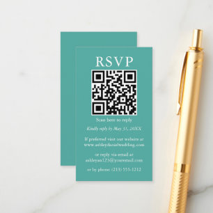 Tarjeta De Recepción Boda Minimalista Simple QR RSVP Verde Azul