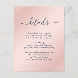 Tarjeta De Recepción Boda moderna azul marino y rubor