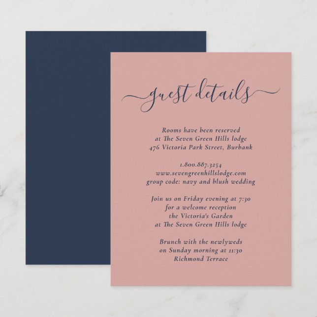 Tarjeta De Recepción Boda moderna con azul marino y rubor (Anverso / Reverso)