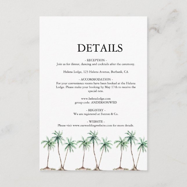 Tarjeta De Recepción Boda moderna con palma de acuarela (Anverso)