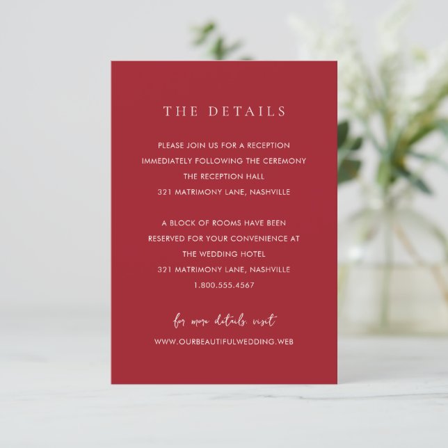 Tarjeta De Recepción Boda moderna elegante rubí rojo (Anverso de pie)