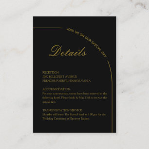 Tarjeta De Recepción Boda moderna minimalista en negro y dorado
