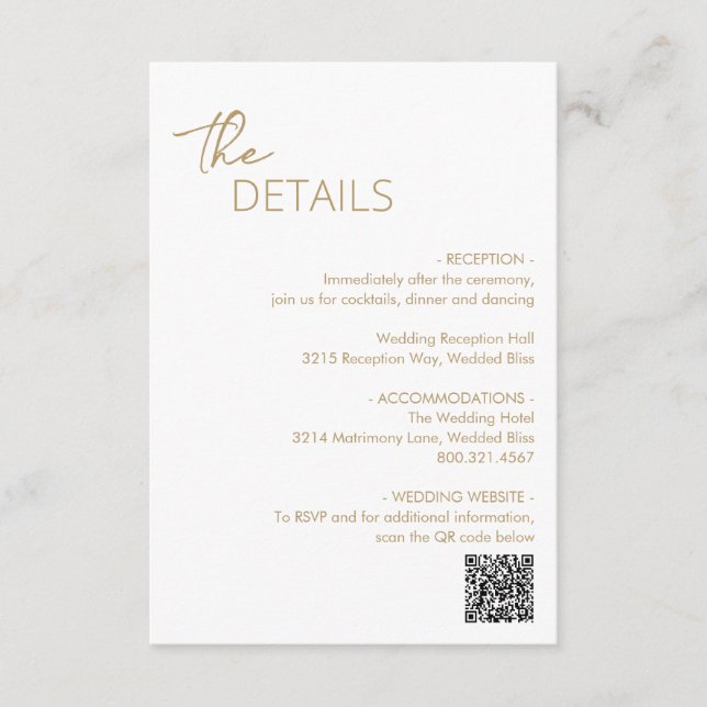 Tarjeta De Recepción Boda moderno con código QR mínimo de oro (Anverso)