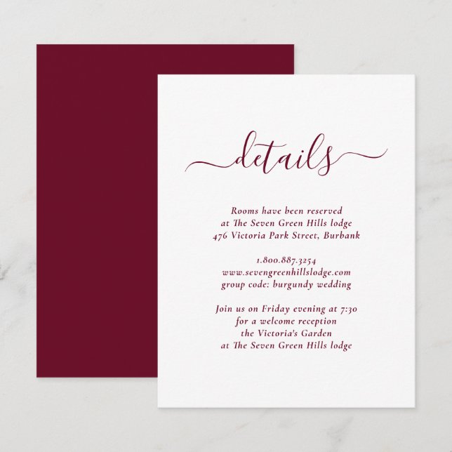 Tarjeta De Recepción Boda moderno de Borgoña (Anverso / Reverso)