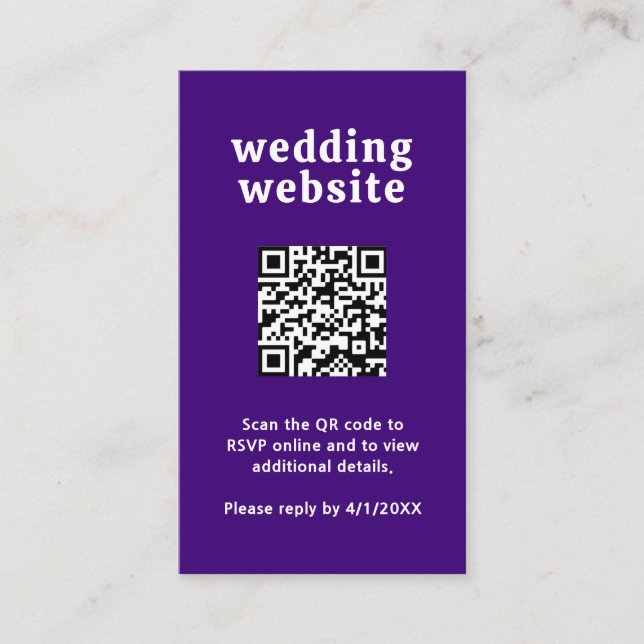 Tarjeta De Recepción Boda moderno de código QR púrpura de fuente retro (Anverso)