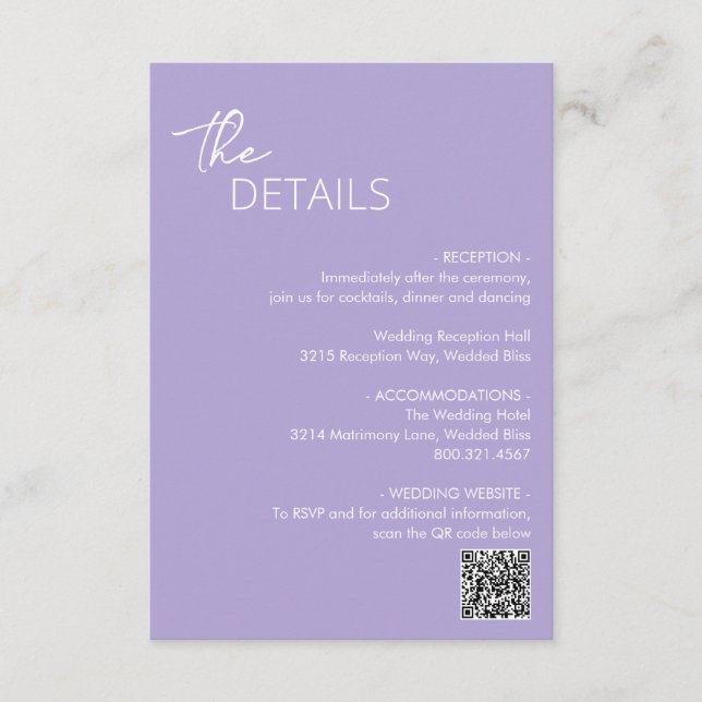 Tarjeta De Recepción Boda moderno del código QR Lilac mínimo (Anverso)