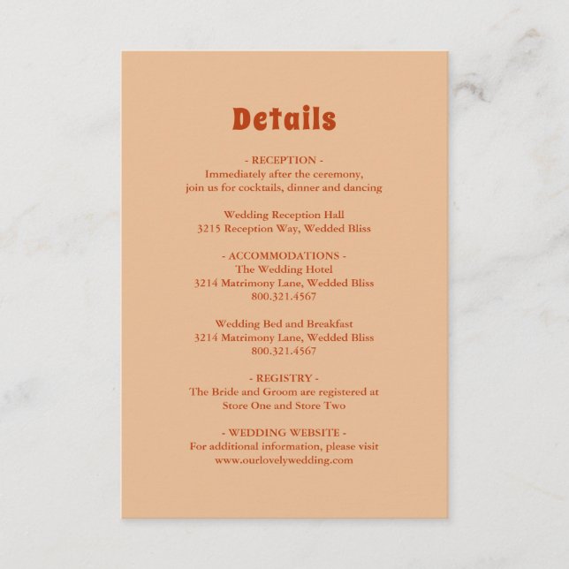 Tarjeta De Recepción Boda moderno Naranja quemado ruso (Anverso)