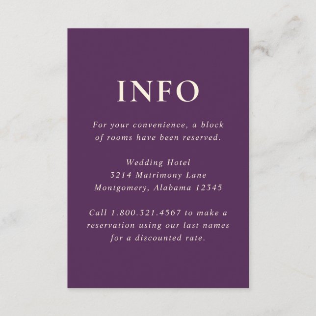 Tarjeta De Recepción Boda moderno Purple de fuentes negrita limpias (Anverso)