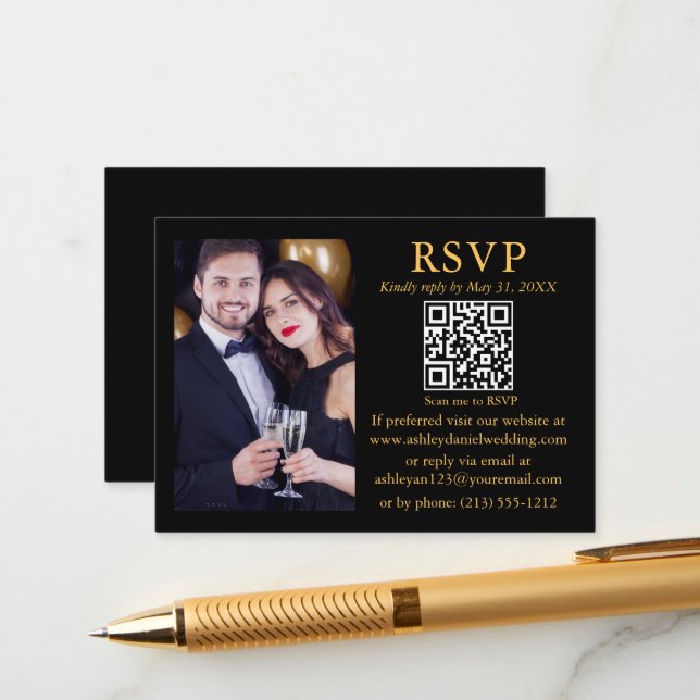 Tarjeta De Recepción Boda moderno QR Photo Black Gold RSVP (Anverso/Reverso In Situ)