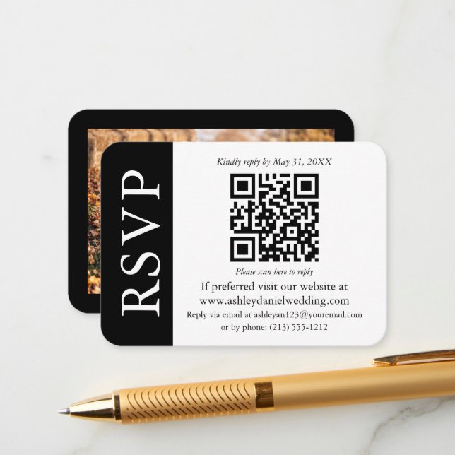 Tarjeta De Recepción Boda moderno QR RSVP Foto en blanco y negro (Anverso/Reverso In Situ)