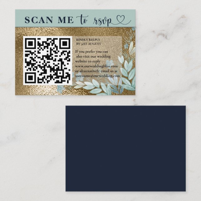 Tarjeta De Recepción Boda moderno RSVP QR Code Navy Blue & Gold (Anverso / Reverso)