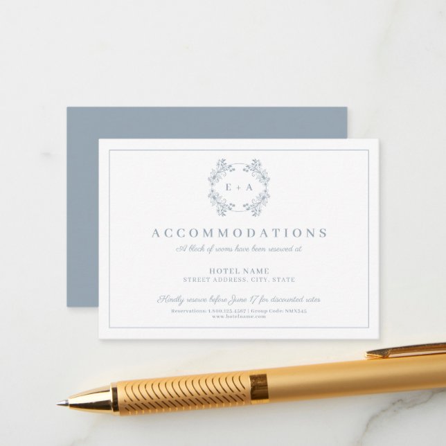 Tarjeta De Recepción Boda Monograma azul polvoriento formal (Anverso/Reverso In Situ)