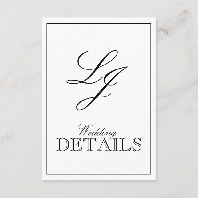 Tarjeta De Recepción Boda Monograma Clásico de Caligrafía en Blanco y N (Anverso)
