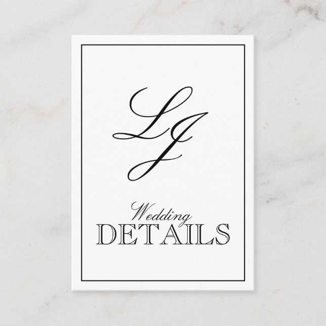 Tarjeta De Recepción Boda Monograma Clásico de Caligrafía en Blanco y N (Anverso)