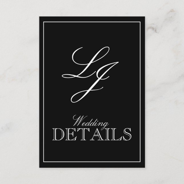 Tarjeta De Recepción Boda Monograma Clásico de Caligrafía en Blanco y N (Anverso)