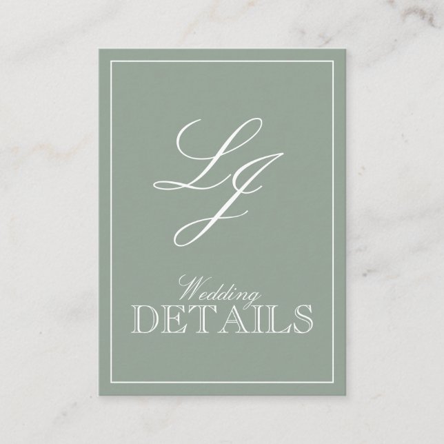 Tarjeta De Recepción Boda Monograma de caligrafía verde sabio clásico (Anverso)