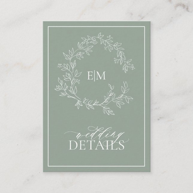 Tarjeta De Recepción Boda Monograma del Escudo de Leafy Verde Sage (Anverso)