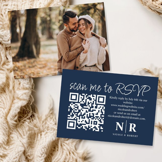 Tarjeta De Recepción Boda Monograma QR Código RSVP con foto elegante (Subido por el creador)
