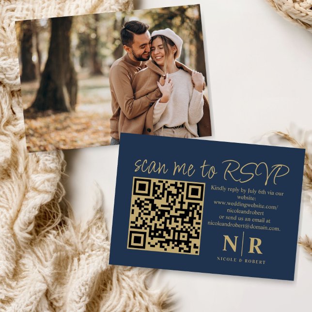 Tarjeta De Recepción Boda Monograma QR Código RSVP con foto elegante (Subido por el creador)