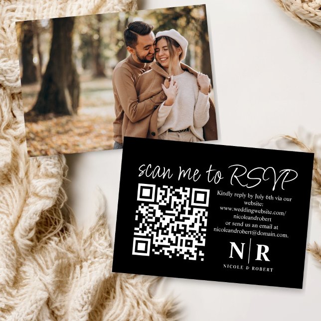 Tarjeta De Recepción Boda Monograma QR Código RSVP con foto elegante (Subido por el creador)