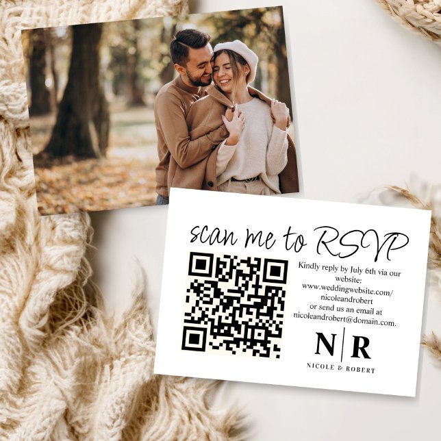 Tarjeta De Recepción Boda Monograma QR Código RSVP con foto elegante (Subido por el creador)