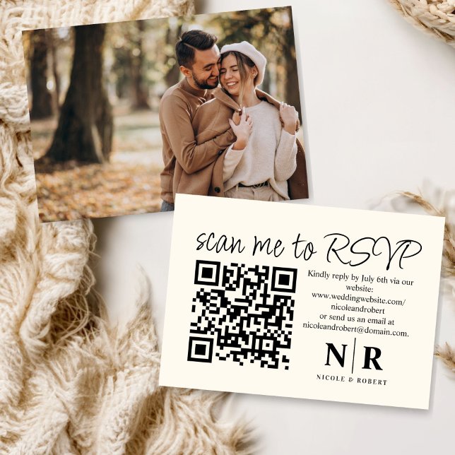 Tarjeta De Recepción Boda Monograma QR Código RSVP con foto elegante (Subido por el creador)
